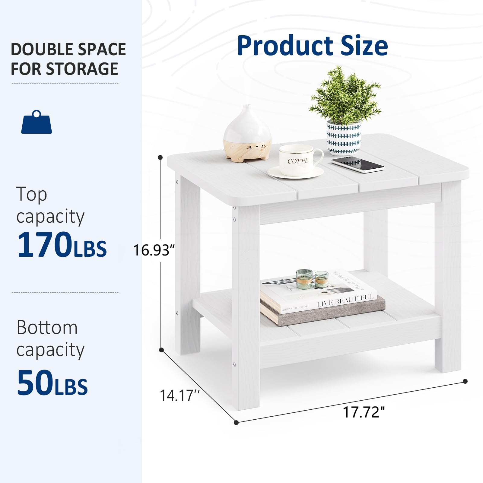 18" Outdoor Side Table, 2-Tier Patio Side Table, Weather Resistant, Easy Assembled, HIPS Adirondack Side Table for Backyard, Pool, Indoor (Lake Blue)