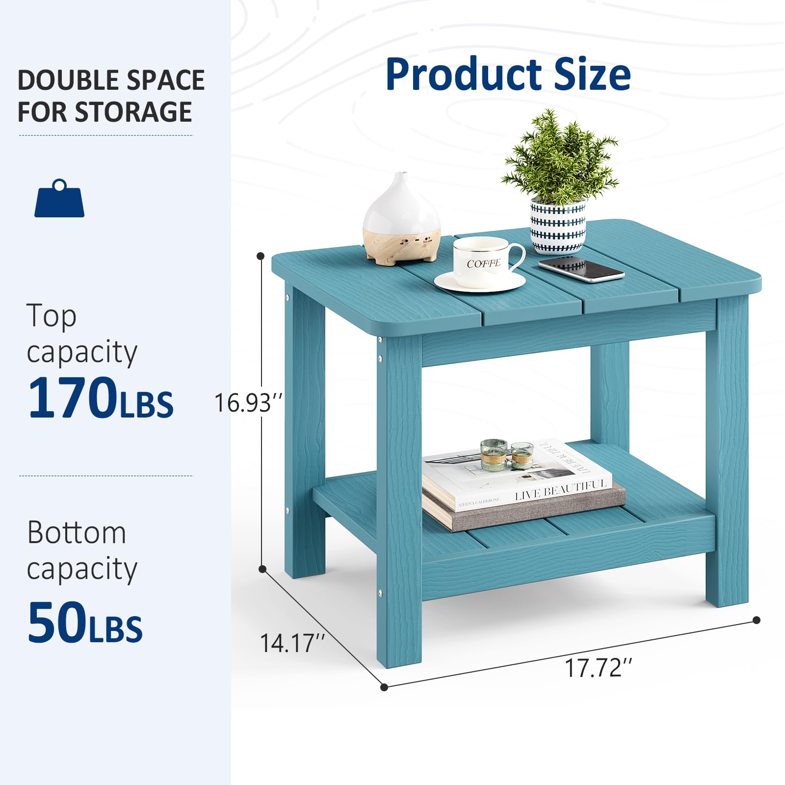18" Outdoor Side Table, 2-Tier Patio Side Table, Weather Resistant, Easy Assembled, HIPS Adirondack Side Table for Backyard, Pool, Indoor (Lake Blue)