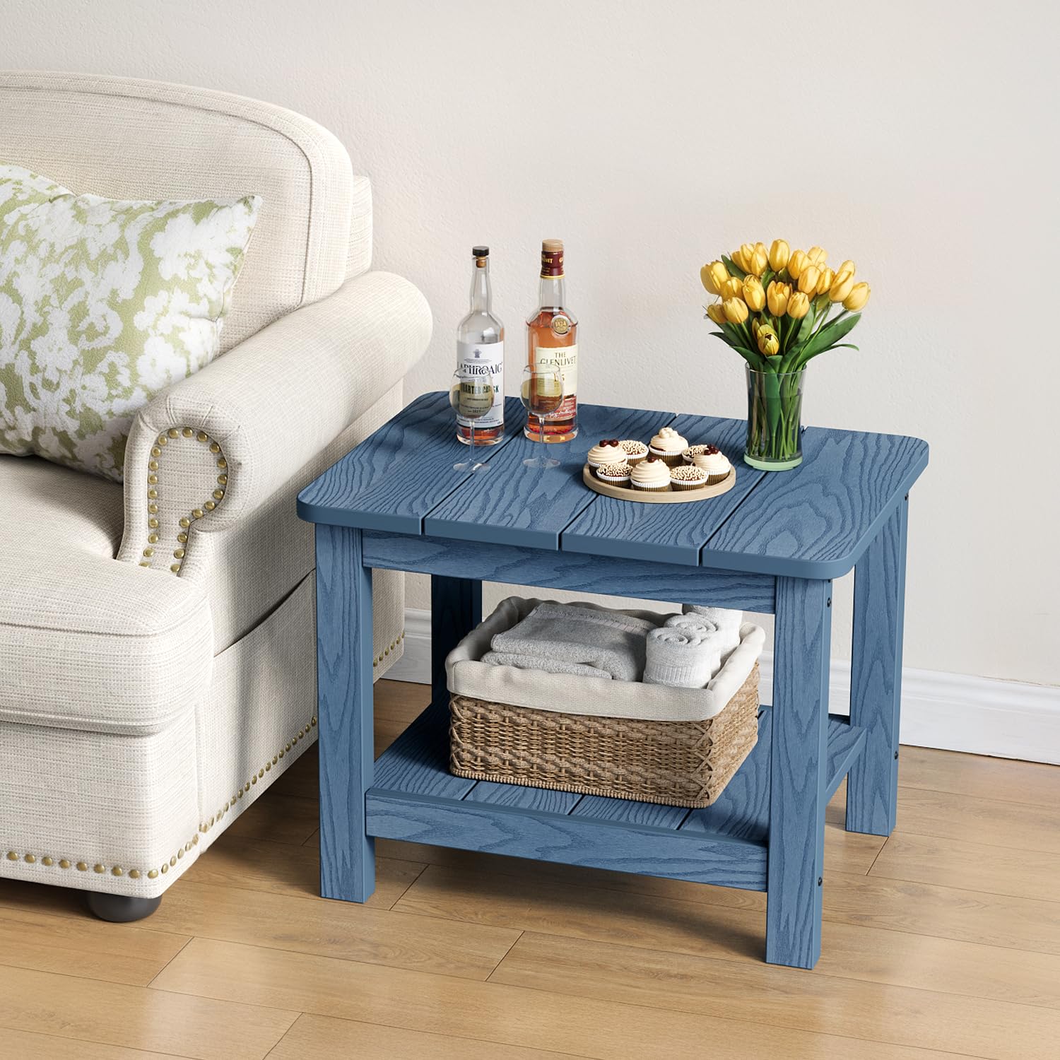 18" Outdoor Side Table, 2-Tier Patio Side Table, Weather Resistant, Easy Assembled, HIPS Adirondack Side Table for Backyard, Pool, Indoor (Lake Blue)