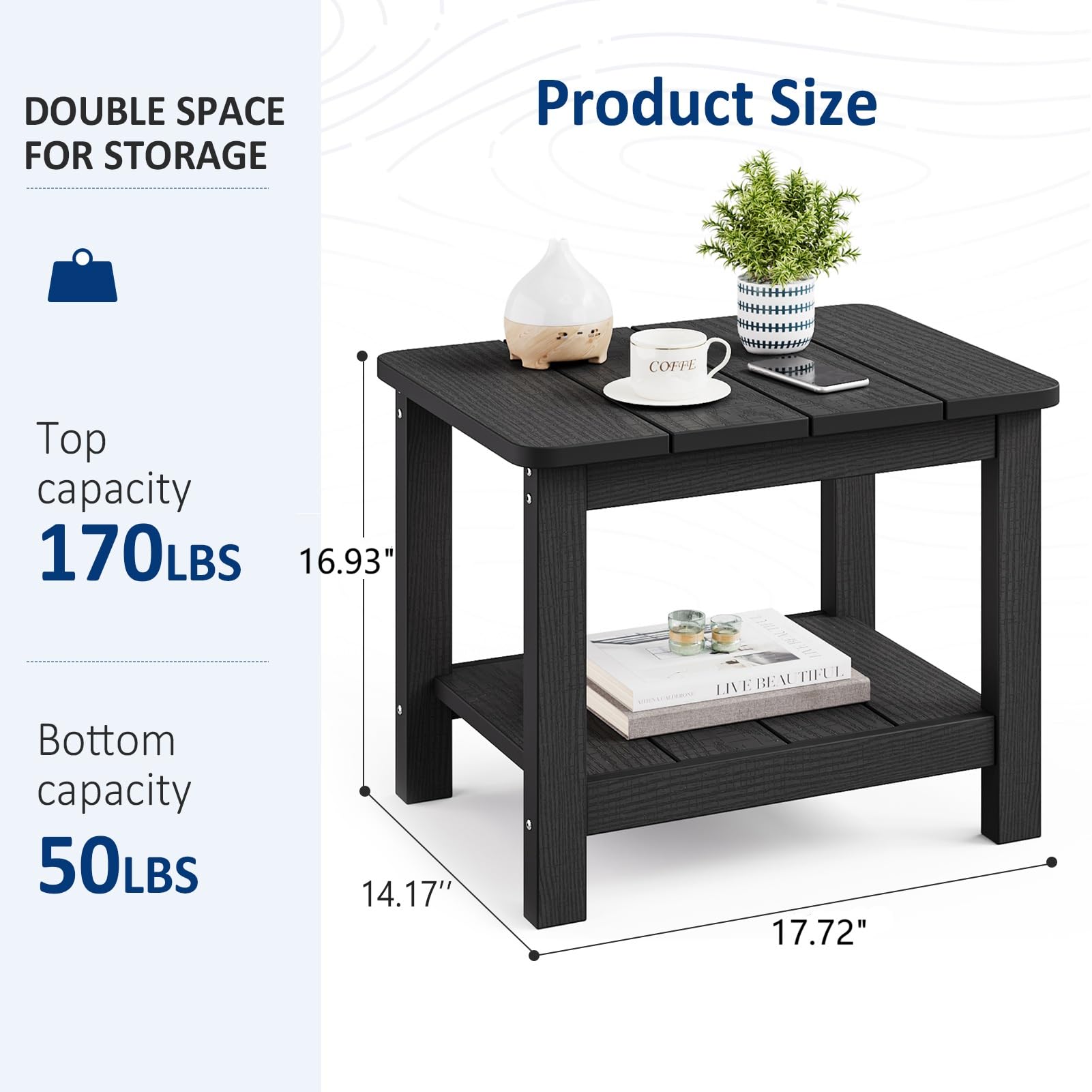 18" Outdoor Side Table, 2-Tier Patio Side Table, Weather Resistant, Easy Assembled, HIPS Adirondack Side Table for Backyard, Pool, Indoor (Lake Blue)