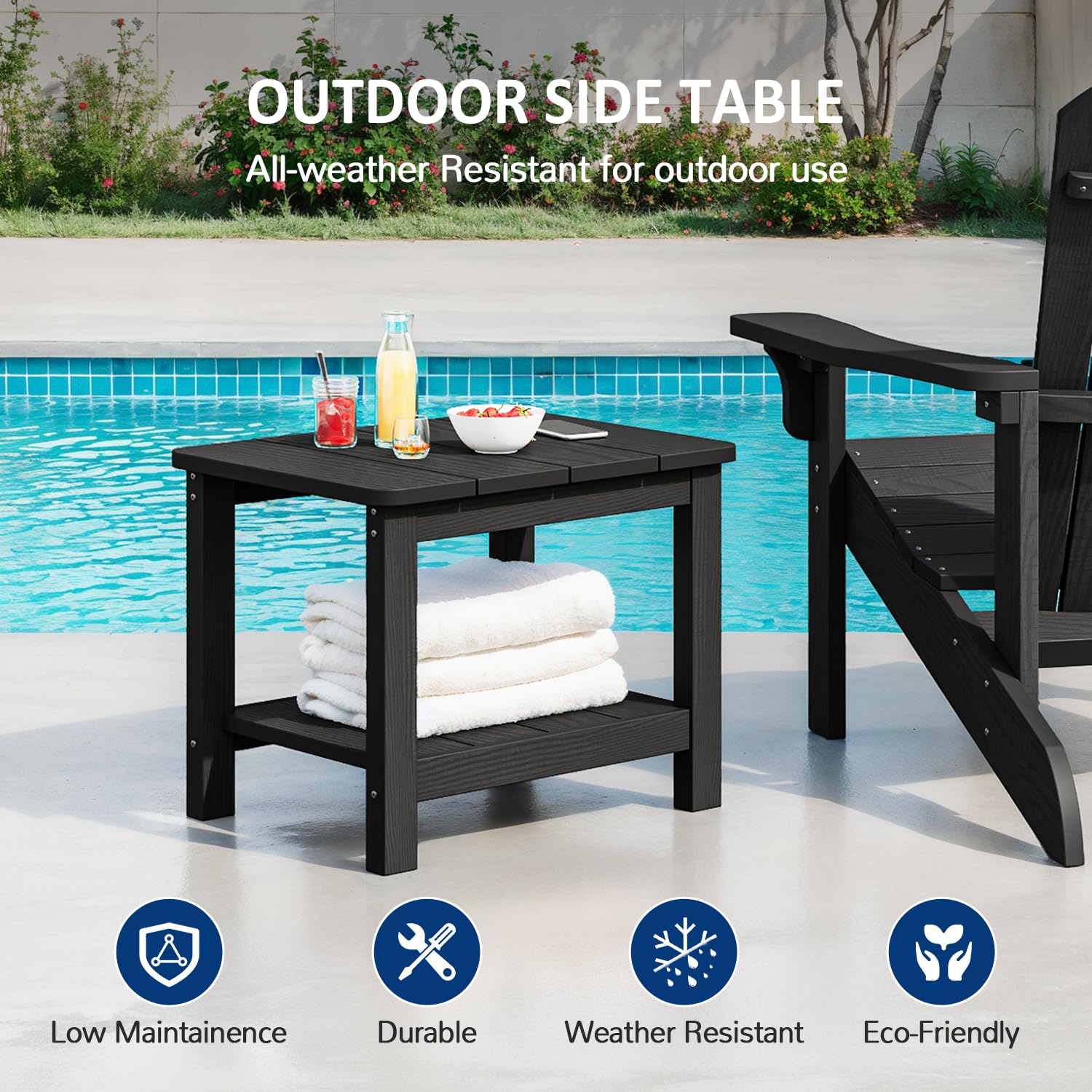 18" Outdoor Side Table, 2-Tier Patio Side Table, Weather Resistant, Easy Assembled, HIPS Adirondack Side Table for Backyard, Pool, Indoor (Lake Blue)