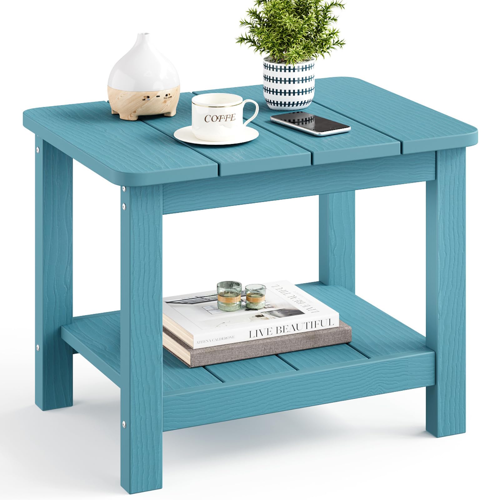 18" Outdoor Side Table, 2-Tier Patio Side Table, Weather Resistant, Easy Assembled, HIPS Adirondack Side Table for Backyard, Pool, Indoor (Lake Blue)