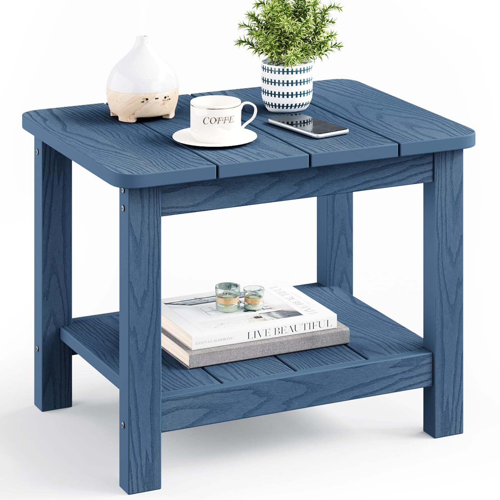 18" Outdoor Side Table, 2-Tier Patio Side Table, Weather Resistant, Easy Assembled, HIPS Adirondack Side Table for Backyard, Pool, Indoor (Lake Blue)