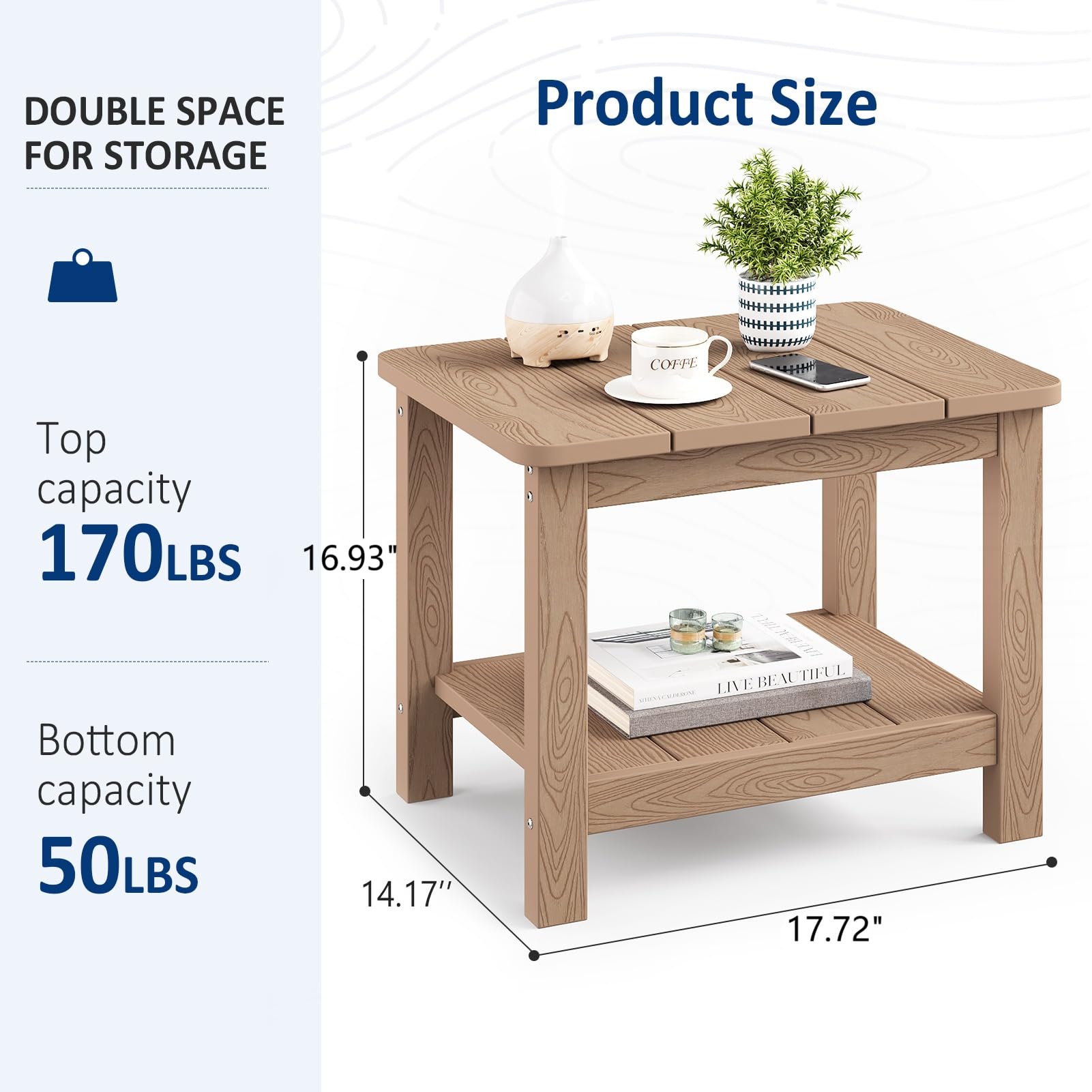 18" Outdoor Side Table, 2-Tier Patio Side Table, Weather Resistant, Easy Assembled, HIPS Adirondack Side Table for Backyard, Pool, Indoor (Lake Blue)