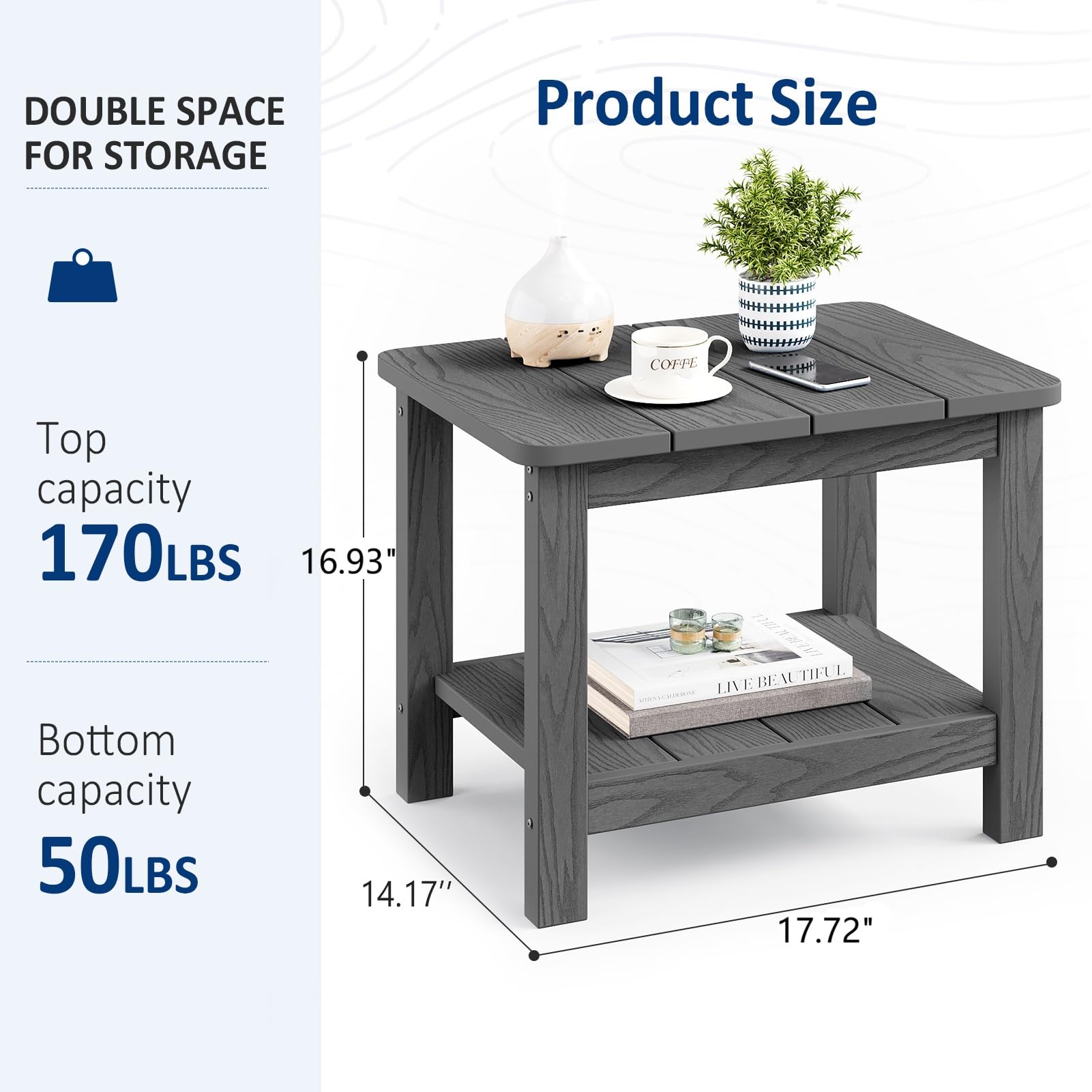 18" Outdoor Side Table, 2-Tier Patio Side Table, Weather Resistant, Easy Assembled, HIPS Adirondack Side Table for Backyard, Pool, Indoor (Lake Blue)