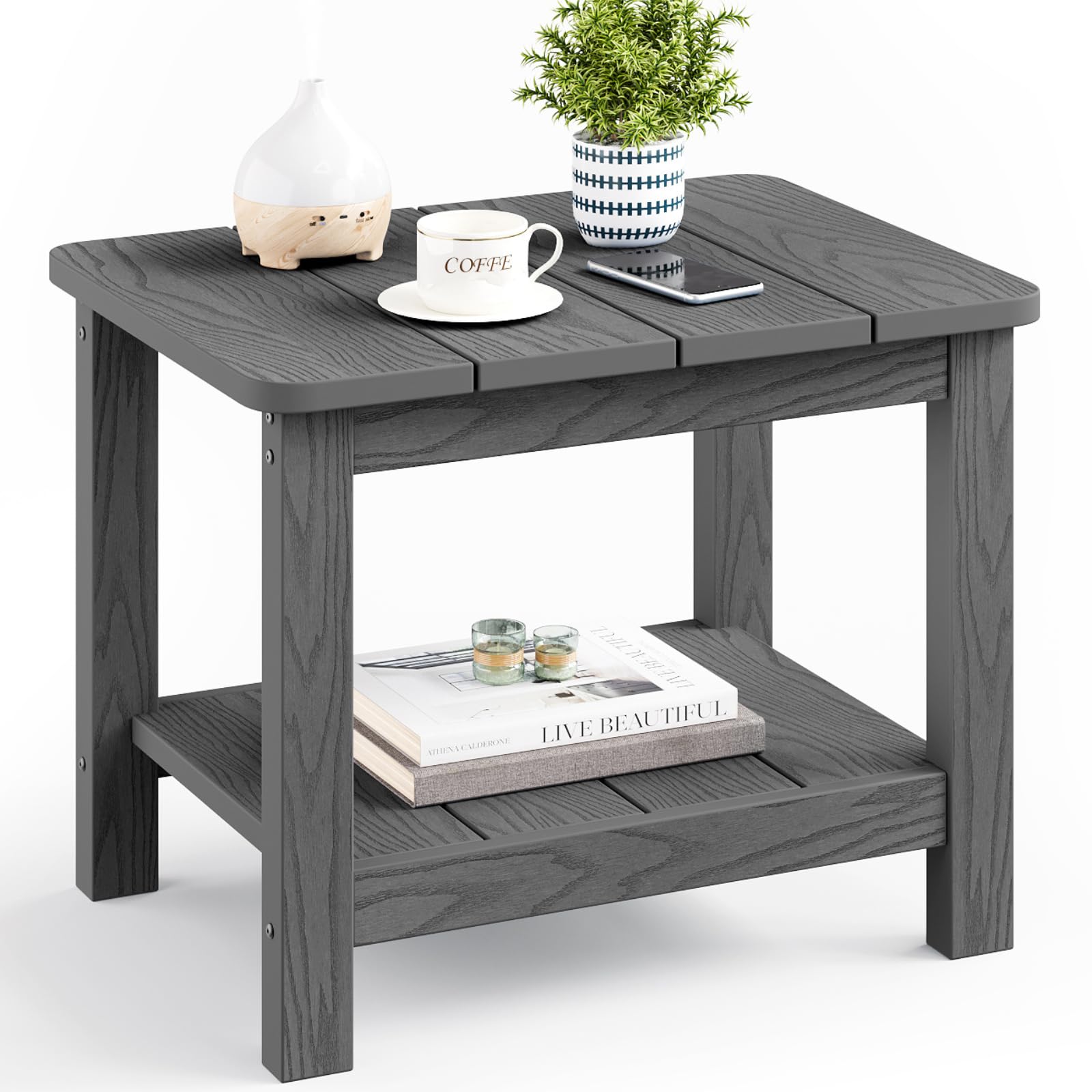 18" Outdoor Side Table, 2-Tier Patio Side Table, Weather Resistant, Easy Assembled, HIPS Adirondack Side Table for Backyard, Pool, Indoor (Lake Blue)
