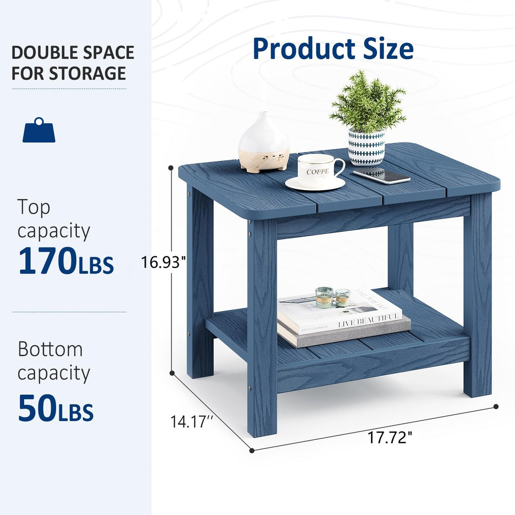 18" Outdoor Side Table, 2-Tier Patio Side Table, Weather Resistant, Easy Assembled, HIPS Adirondack Side Table for Backyard, Pool, Indoor (Lake Blue)