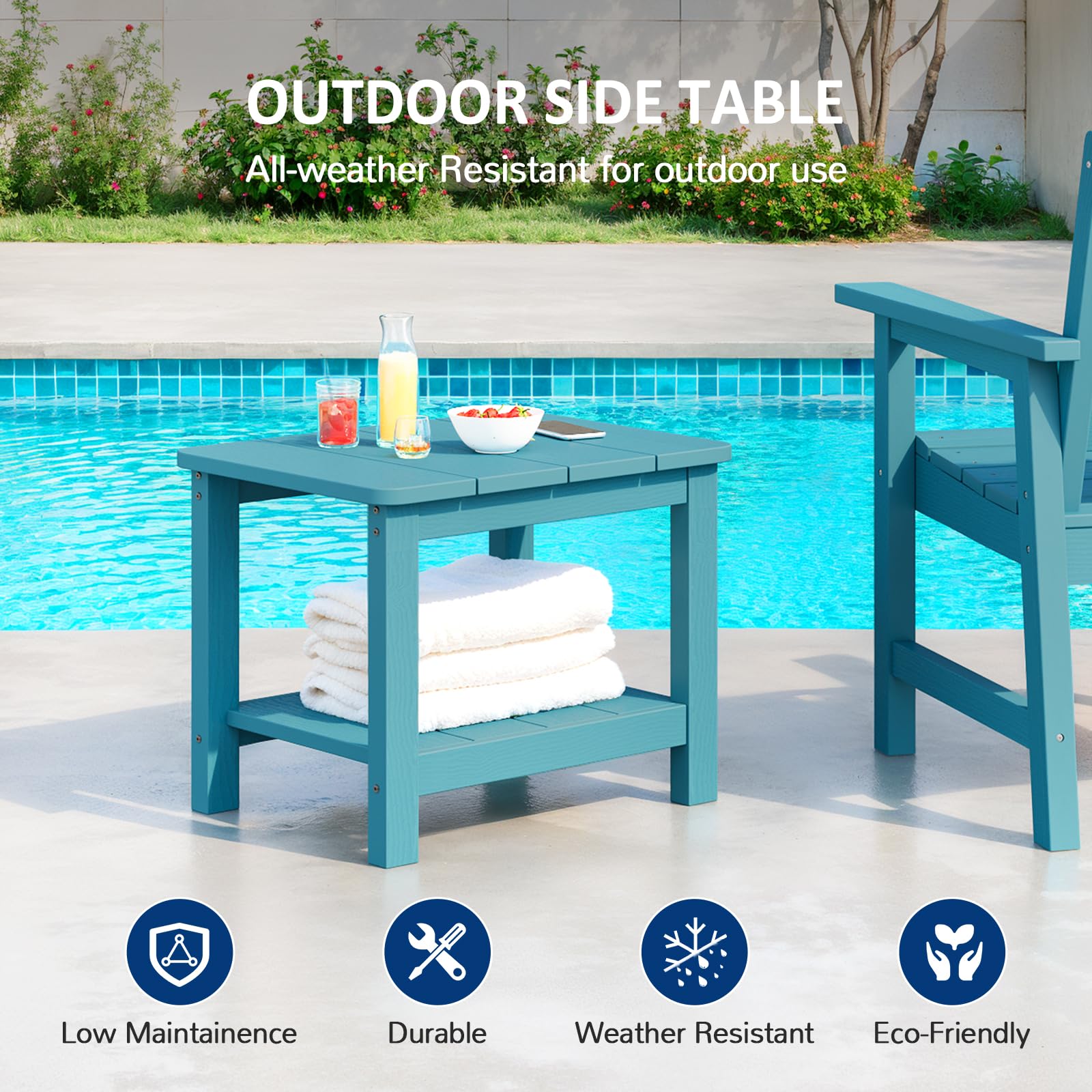18" Outdoor Side Table, 2-Tier Patio Side Table, Weather Resistant, Easy Assembled, HIPS Adirondack Side Table for Backyard, Pool, Indoor (Lake Blue)