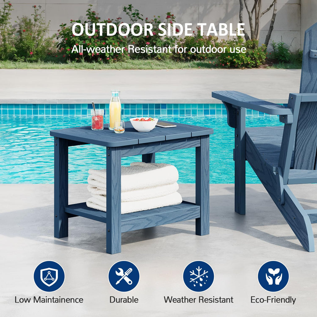 18" Outdoor Side Table, 2-Tier Patio Side Table, Weather Resistant, Easy Assembled, HIPS Adirondack Side Table for Backyard, Pool, Indoor (Lake Blue)