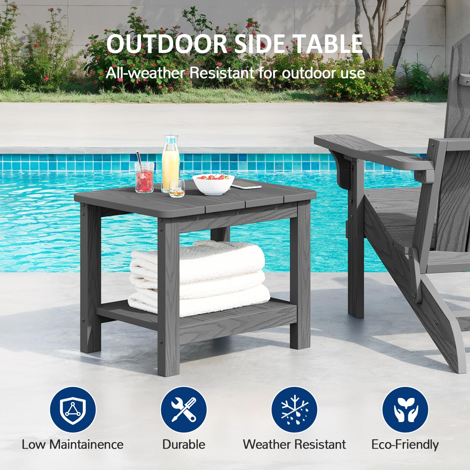 18" Outdoor Side Table, 2-Tier Patio Side Table, Weather Resistant, Easy Assembled, HIPS Adirondack Side Table for Backyard, Pool, Indoor (Lake Blue)